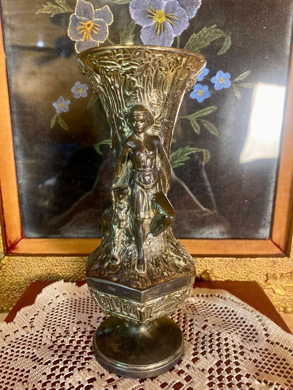 Antique Diana Artemis Spelter Figural Vase c.1890-1910 9”